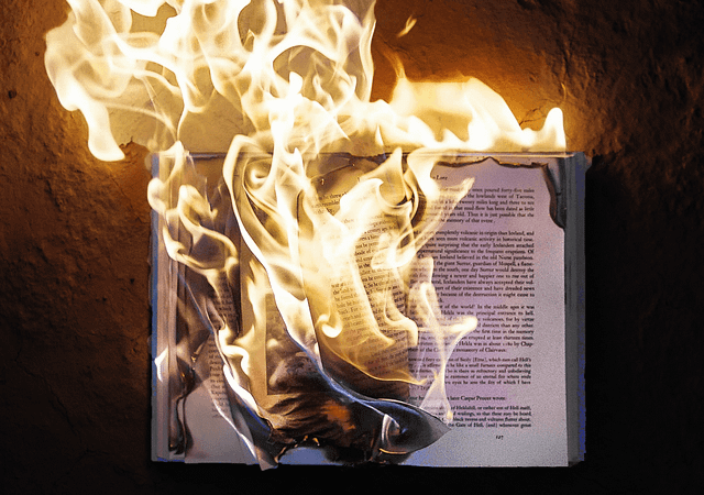 An open book is set on fire.