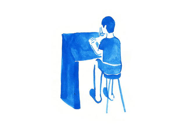 Watercolor illustration of the artist at her desk.