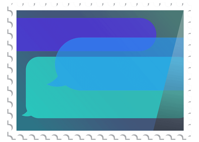 Digital illustration of a postage stamp featuring three message bubbles as art. Rendered in various artificial, hyper-saturated blue tones.