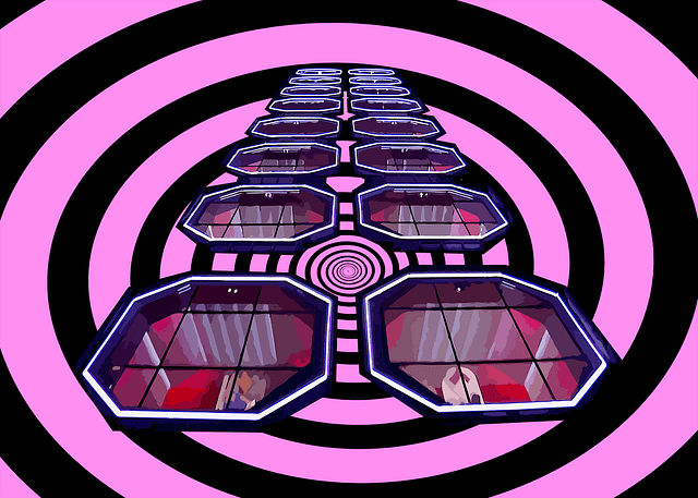 Illustration. View from a high angle of the “pods” from the Netflix reality show Love Is Blind. Two rows of the separated chambers extend into the background. The pods are superimposed on a 2D illustration of a vortex, colored pink and black.