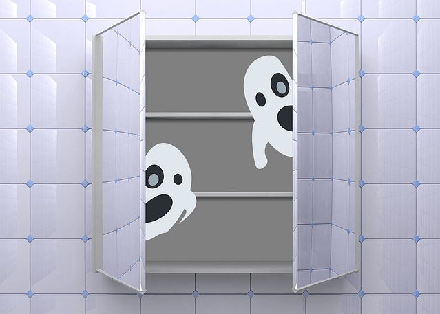 Illustration of two ghost emojis peeking out from an empty medicine cabinet in a bathroom.