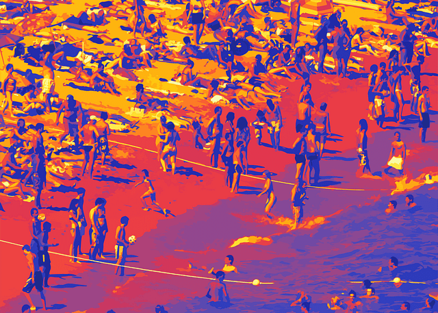 Photograph of a crowded beach. Colorized to appear as if taken with a thermal camera. Pixels smoothed to create illustrative effect.