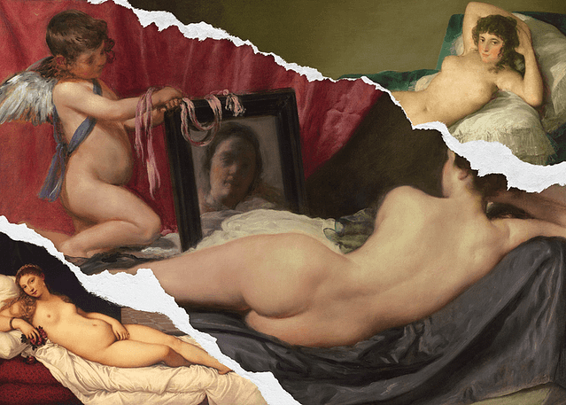 Collage featuring ripped images of nude painings