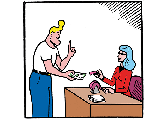 Cowboy Henk handing over money, and asking for one ticket to a woman with blue hair seated at a desk