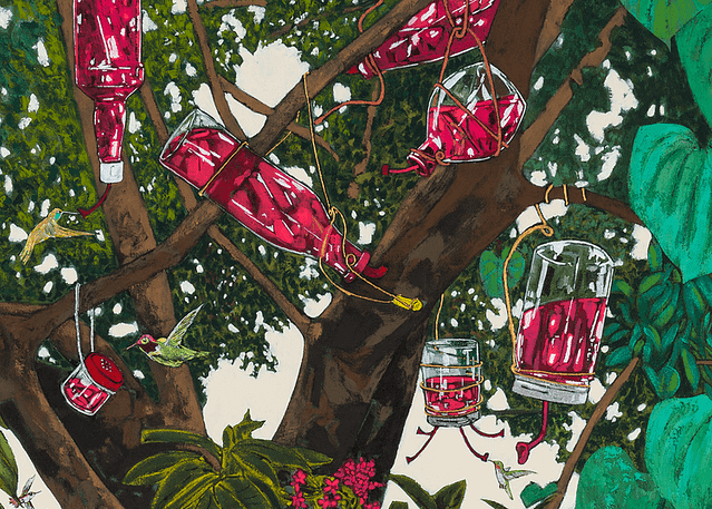 Close-up of acrylic painting by Hernan Bas. A lush tree is adorned with several hummingbird feeders, filled with rich red-purple liquid.