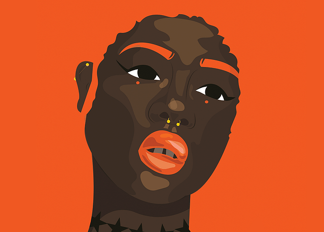Close-up vector illustration of the character Aqeesha, who has dark skin and is sporting red lipstick, red eyebrows, and a gold septum ring.
