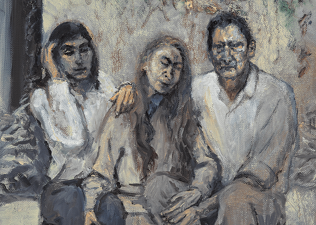 Group portrait of Bella, the artist, and Lucian Freud. The three figures are seated, facing toward the viewer. The artist has her hand clasped on Bella's knee, and her other hand touching Lucian’s hand.