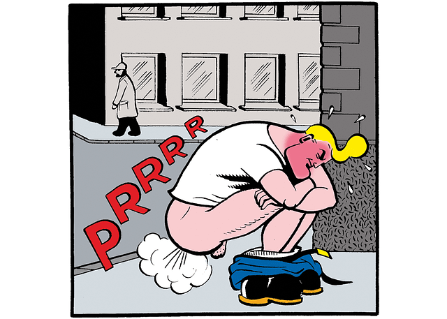 A redfaced cowboy henk, pants down on the street, farting as hard as he can
