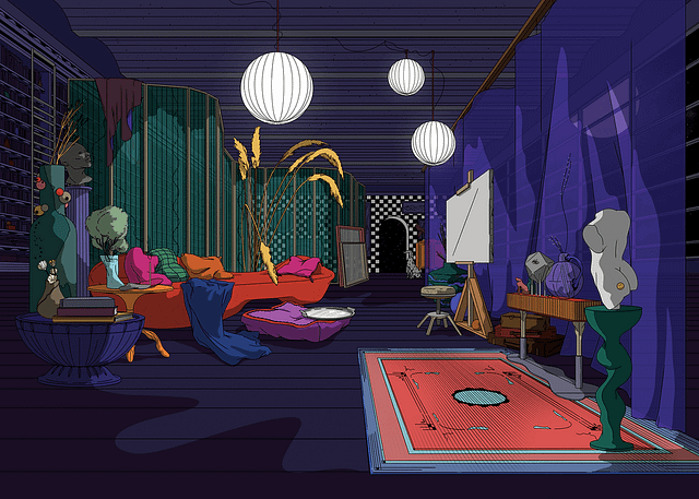 Digital illustration by Carolina Moscoso of a slightly scattered but elegant room. There are no people present, but there is plenty of evidence of activity. A bust of a man’s butt and upper body sits on the right side — a smiley-face sticker is affixed to the left butt cheek. A large canvas sits on an easel in the background. A blanket and pillows are scattered on a long lounge chair. The room is illuminated by large white lanterns hanging from the ceiling.