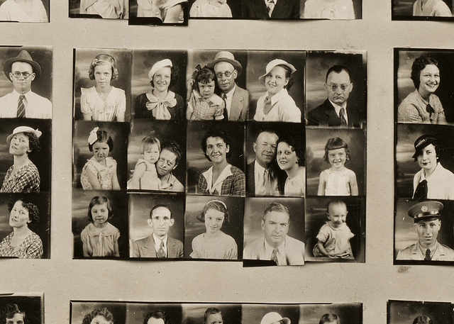 Contact sheet of portraits from the 1930s. Several feature a father and daughter posed together.