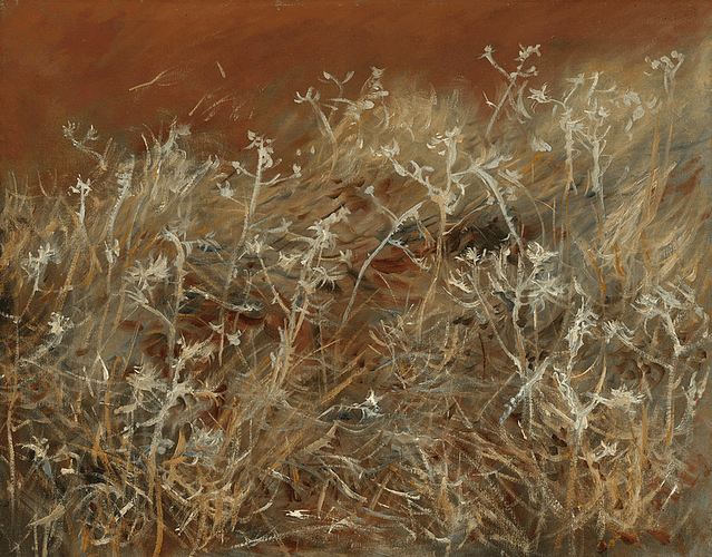 Oil on canvas painting of thistles blowing in the wind. The color palette features rich browns in the background and light tan — inflected with greens, golds, blues, and more browns — for the thistles. The brushstrokes are graceful and convey movement.