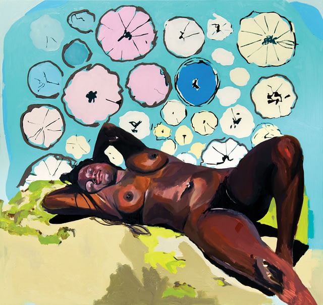 A reclining nude black woman dreaming in pastel colors and flowers