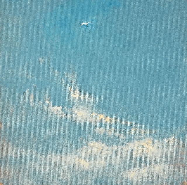Painting by Celia Paul of scattered clouds against a warm blue sky. A single bird glides on the wind toward the top of the frame.