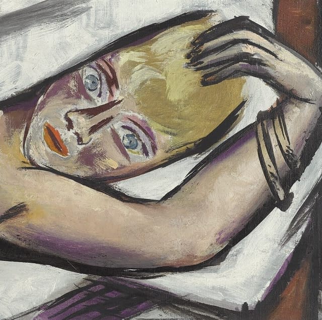 Painting of a reclining woman with arm over her head