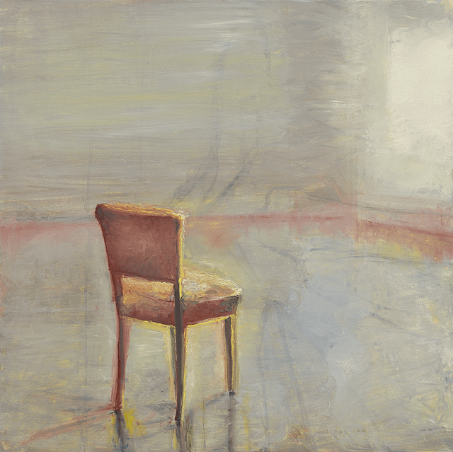 Painting by Celia Paul. A cushioned dining chair sits in an empty room. It appear cast in a warm yellow light coming from the right side of the frame.