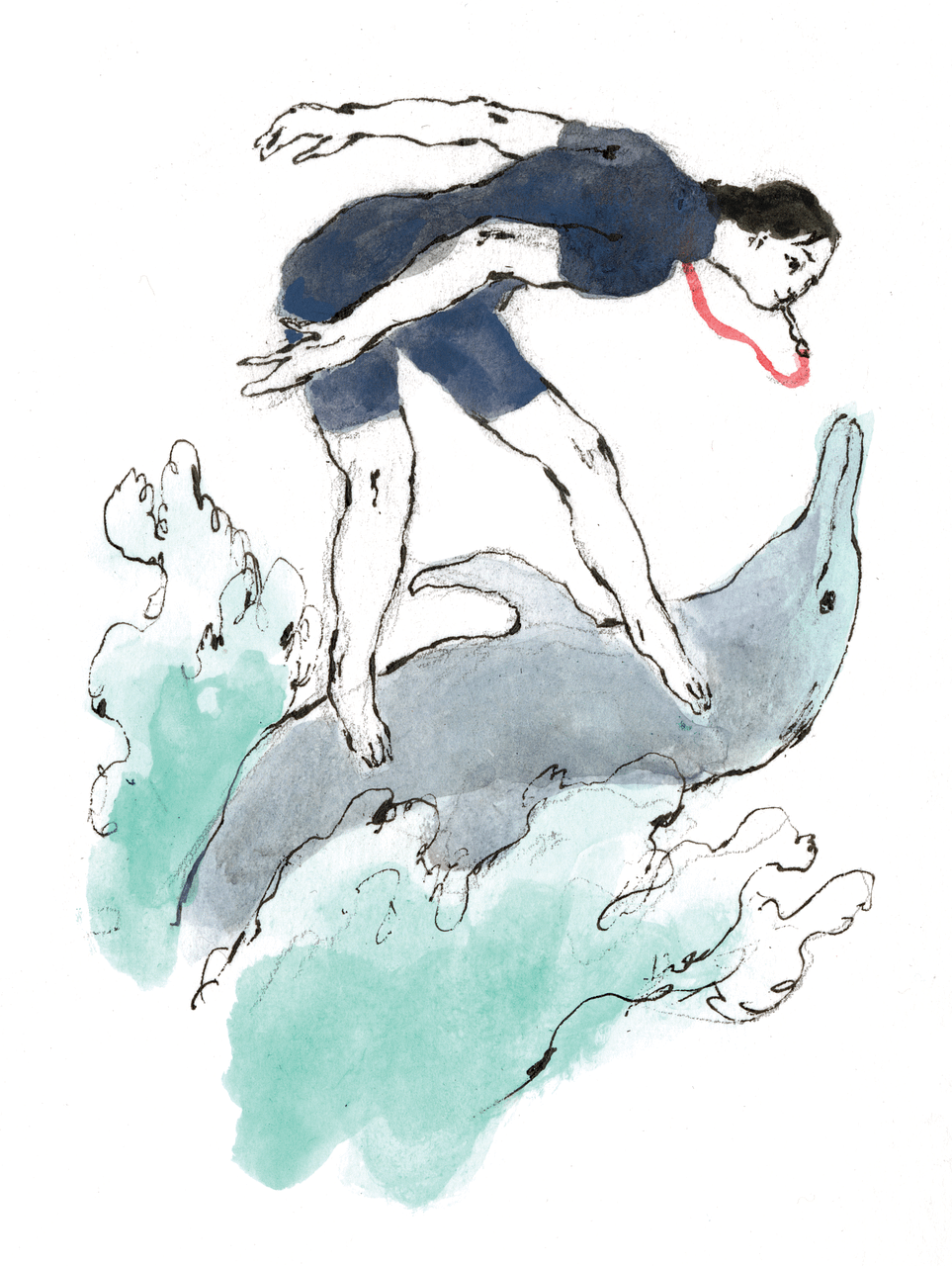woman in a blue swimsuit blowing on a red whistle while surfing on the belly of a dolphin