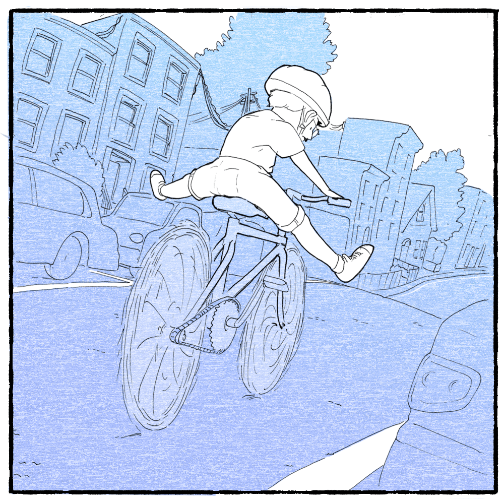 Illustrations throughout are drawn in a whimsical style. The characters and landscape are rendered in clean, bold lines. The background scene is flooded with a warm blue color while the protagonist — the artist — remains in black-and-white. In this first panel, the artist is seen riding down a hill on his bike. His legs are stuck out, conveying the joy he takes in biking.